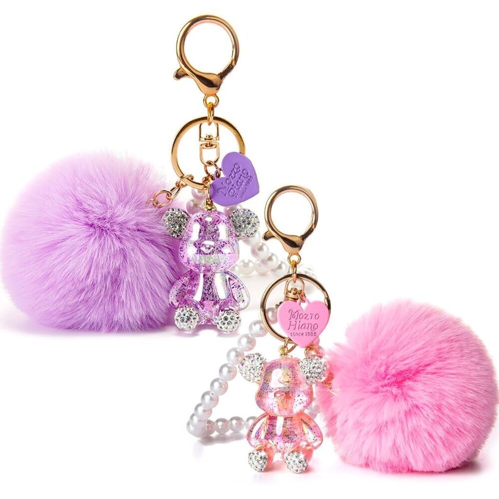 Cute Teddy Bear Keychain Bling Pom Pom Wristlet for Women Gifts
